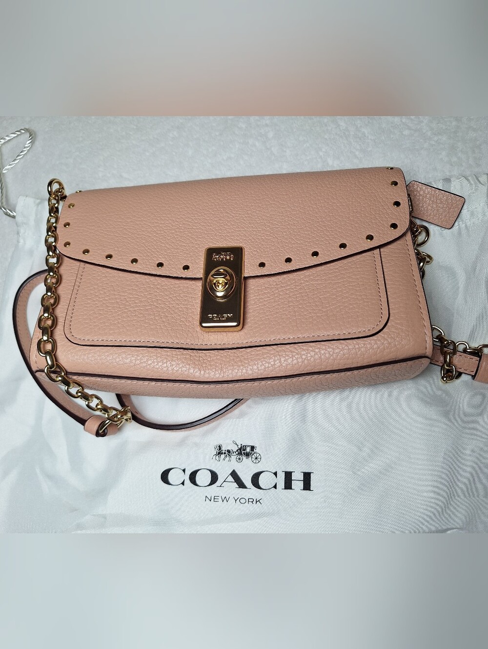 Coach Blush Pink Pebbled Leather Rivets Chain Crossbody